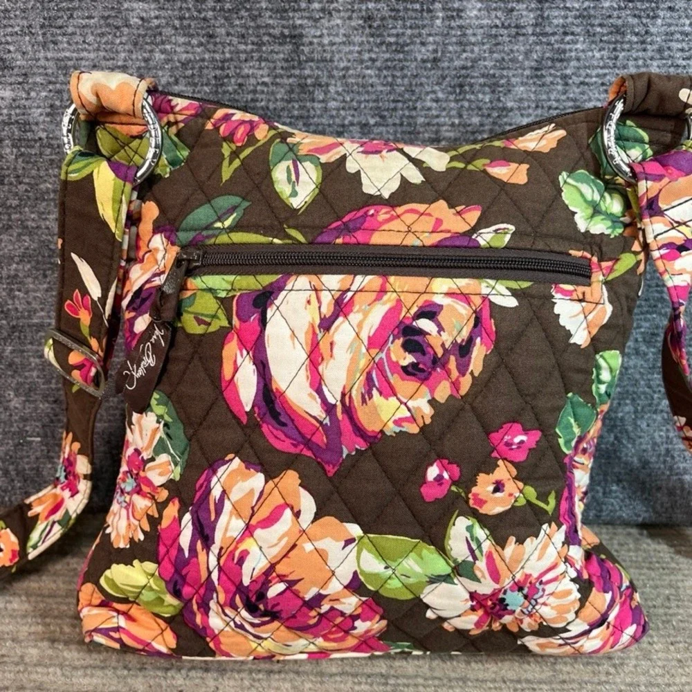 Vera Bradley Plum Crazy Floral Quilted Cotton Crossbody Bag Brown Purple Pink